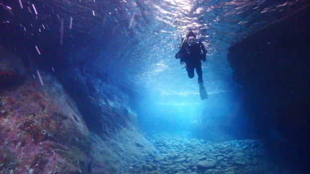 洞窟を泳ぐダイバー